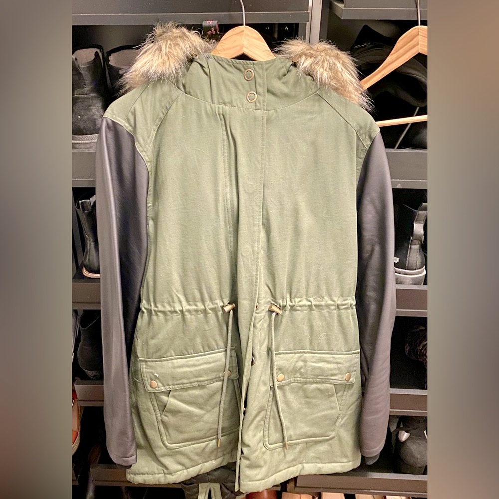 Olive Green Twill + Faux Leather Hooded Parka